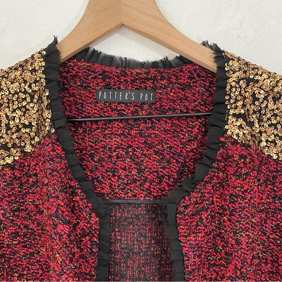 Potter’s Pot Women’s L Vintage Terry Cloth Knit Open Front Cardigan Sequin - Picture 4 of 7